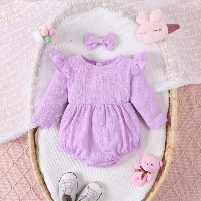 Baby Girl 2 Pieces Solid Color Ruffle Decor  Long Sleeve Triangle Romper & Headband