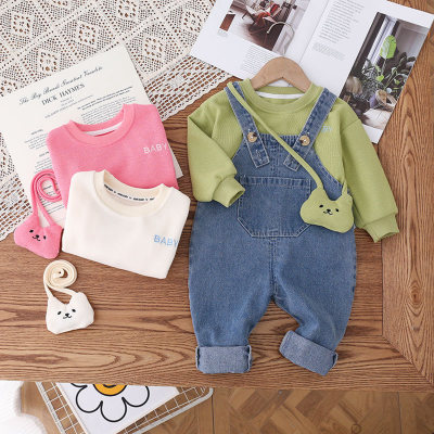 Bebé niña, 3 piezas, suéter informal con estampado de letras "BABY" bordado, pantalones vaqueros con tirantes y lindos adornos colgantes de gato