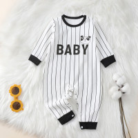 Baby Boy Color-block Vertical stripes Cartoon Bear and Letter Graphics Long-sleeved Jumpsuit for Autumn Spring  White