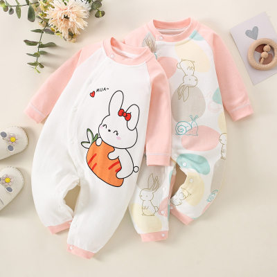 Baby Girl Pure Cotton Color-block Cartoon Rabbit Pattern Button-up Seamless Long Raglan Sleeved Long-leg Romper