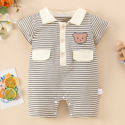 Baby Boy Pure Cotton Striped Bear Pattern Short Sleeve Boxer Romper