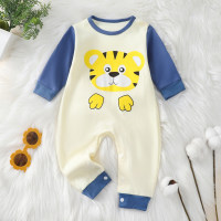 Baby Boy Color-block Cartoon Bear Dinosaur Tiger and Letter Graphics Long-sleeved Jumpsuit for Autumn Spring  Blue