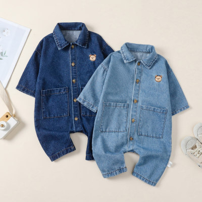 Baby Denim Solid Color Bear Embroidered Printed Pocketed Long-sleeved Jumpsuit