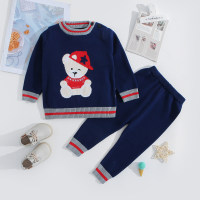 Baby 2 Pieces Solid Color Bear Pattern Sweater Set  Blue
