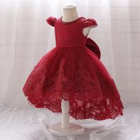 Cross-border new product flying sleeves beaded one-year-old dress embroidered bow fluffy tail skirt flower children's clothing catwalk performance clothing  Red