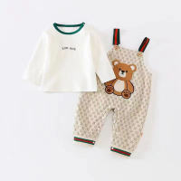 0-2 children's spring and autumn set, infants and toddlers, Korean version of cute cartoon long-sleeved overalls for home outing, two-piece set  White