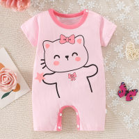Baby Girl Cute Cat Pattern Short Sleeve Boxer Romper  Pink