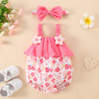 2-piece Baby Girl Pure Cotton Floral Patchwork Flower Decor Sleeveless Romper & Bowknot Headwrap