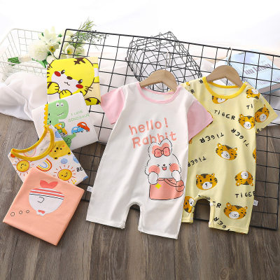 Baby pure cotton summer thin cartoon print short-sleeved boxer jumpsuit