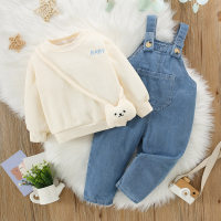 Baby Girl 3 Pieces Casual Embroidered "BABY" Letter Pattern Sweater & Denim Suspender Pants & Cute Cat Hanging Ornaments  White
