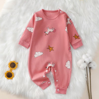 Baby Cute Cartoon Dinosaur Bear Giraffe Unicorn Graphics Long-sleeved Jumpsuit for Autumn Spring  Pink
