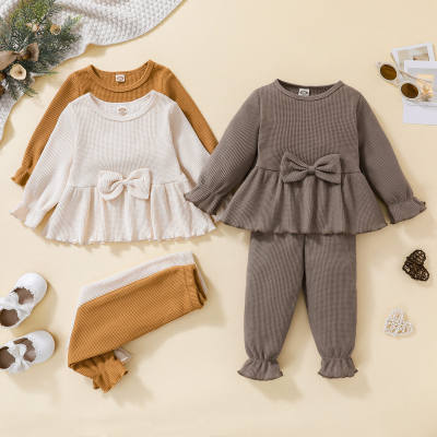 2-piece Baby Girl Waffle Solid Color Bowknot Decor Long Sleeve Top & Flare Pants