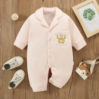 Baby Solid Color Deer Graphic Pocket Decorative Lapel Long-sleeved Long-leg Jumpsuit  Pink
