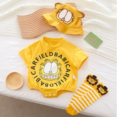 Conjunto de 3 peças para bebê menino com estampa de desenho animado, macacão triangular de manga curta, chapéu de sol e meias