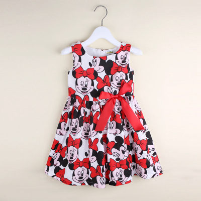 Girls and children European and American summer short-sleeved round neck red black and white polka dot belt dress children's skirt
