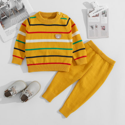 Baby 2 Pieces Stripes Bear Pattern Sweater Set