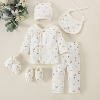 6 Pieces Newborn Kit Baby Lace-up Top & Pants & Hat & Anti-scratch Gloves & Socks & Bib  Coffee