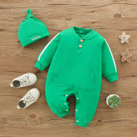 Baby Boy 2 Pieces Solid Color Pocketed Long-sleeved Jumpsuit & Hat  Green