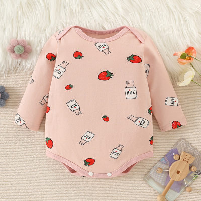 Baby Girl Pure Cotton Strawberry Printed Long Sleeve Romper