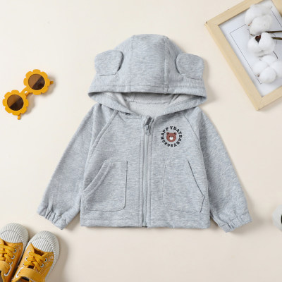 Baby Boy Solid Color Bear Letter Printed Long-sleeved Hooded Sweater Cardigan
