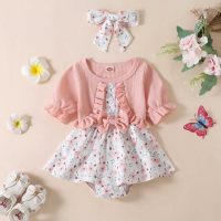 Nova primavera e verão macacão de bebê para meninas de manga curta falso vestido de duas peças com estampa de borboleta  Rosa