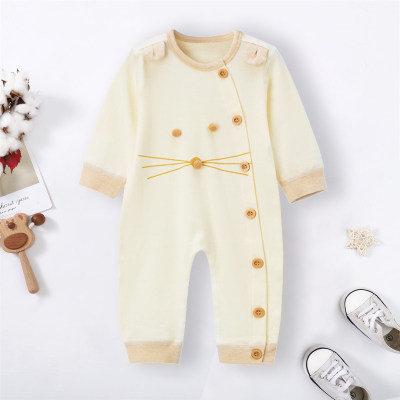 Baby 100% Cotton Solid Color Patchwork Button Front Long-sleeved Long-leg Romper