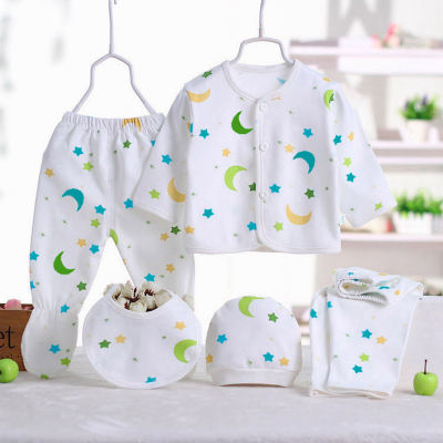 5-piece Infant 100% Cotton Moon and Star Pattern Seamless Bodysuit Button-up Top & (Footed) Pants & Bib & Hat Set