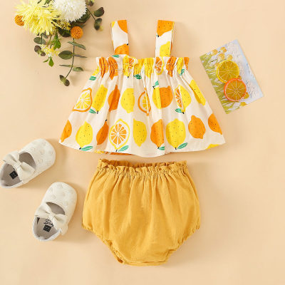 2-قطعة طفلة القطن الخالص الليمون المطبوعة أعلى حزام واللون الداخلي بلون
