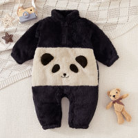 Baby Color-block Panda Pattern Long-sleeved Long-leg Romper  Black