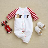 Baby Boy Color-block Stripes Cute Animal Pattern Long-sleeved Long-leg Romper  White