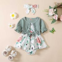 Nova primavera e verão macacão de bebê para meninas de manga curta falso vestido de duas peças com estampa de borboleta  Verde