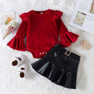 2-piece Baby Girl Solid Color Ruffled Long Flare Sleeve Romper & Leather Skirt