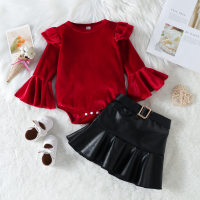 2-piece Baby Girl Solid Color Ruffled Long Flare Sleeve Romper & Leather Skirt  Red
