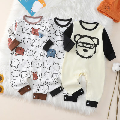 Baby Boy Cartoon Bear and Letter Graphics Long-sleeved Jumpsuit for Autumn Spring