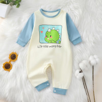 Baby Boy Color-block Cartoon Bear Dinosaur Tiger and Letter Graphics Long-sleeved Jumpsuit for Autumn Spring  Light Blue