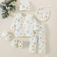 6 Pieces Newborn Kit Baby Lace-up Top & Pants & Hat & Anti-scratch Gloves & Socks & Bib  Blue