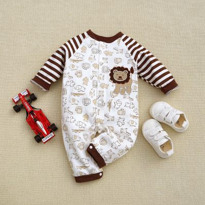 Baby Boy Color-block Stripes Cute Animal Pattern Long-sleeved Long-leg Romper