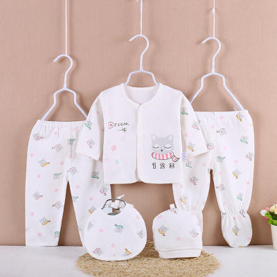 5-piece Infant Baby 100% Cotton Cartoon Pattern Seamless Bodysuit Button-up Top & (Footed) Pants & Bib & Hat Set