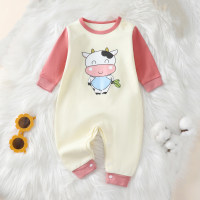 Baby Color-block Cute Cartoon Dinosaur Cattle Graphics Long-sleeved Jumpsuit for Autumn Spring  Pink