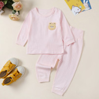 Baby 2 Pieces Solid Color Bear Applique Long-sleeved T-shirt & Pants Suit  Pink