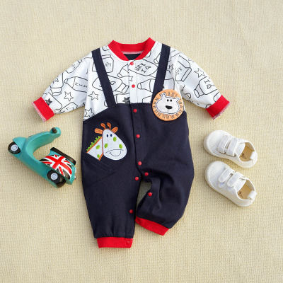 Baby Boy Pure Cotton Color-block Patchwork Lion and Giraffe Decor Button-up Long-sleeved Long-leg Romper