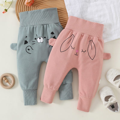 Pantalones de punto con patrón de gato de conejo de color sólido unisex para bebé