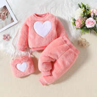 Baby Girl 3 Pieces Solid Color Heart-shaped Fleeced Sweater & Solid Color Pants & Bag  Pink