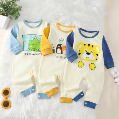 Baby Boy Color-block Cartoon Bear Dinosaur Tiger and Letter Graphics Long-sleeved Jumpsuit for Autumn Spring