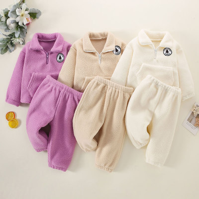 2-piece Baby Solid Color Stand Up Collar Zipper Front Fleece-lined Sweatshirt & Solid Color Pants