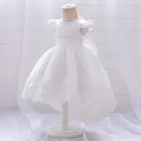 Cross-border new product flying sleeves beaded one-year-old dress embroidered bow fluffy tail skirt flower children's clothing catwalk performance clothing  White