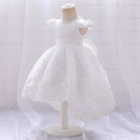 Perlenbesetztes Kleid mit fliegenden Ärmeln und bestickter Schleife für Blumenmädchen, Laufsteg-Performance-Kleidung  Weiß