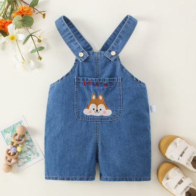 Baby Pure Cotton Squirrel Printed Denim Suspender Shorts