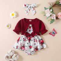 Nova primavera e verão macacão de bebê para meninas de manga curta falso vestido de duas peças com estampa de borboleta  Borgonha