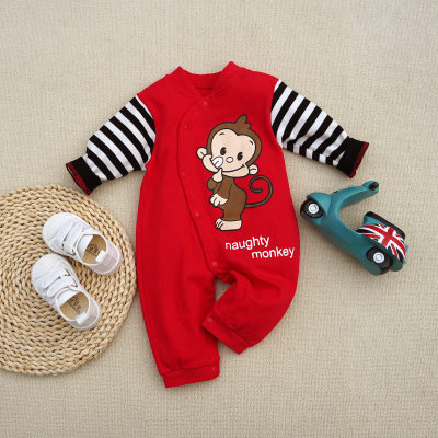 Baby Boy Pure Cotton Stripe Pattern Patchwork Monkey Appliqué Button-up Long-sleeved Long-leg Romper
